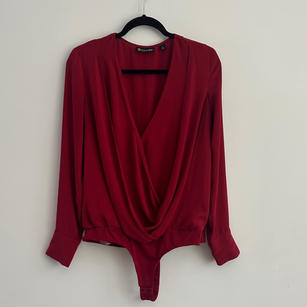 New York & Company Rich Red Drape Bodysuit